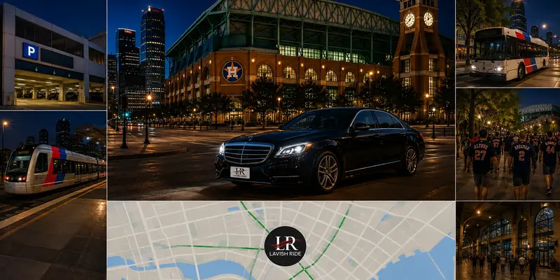 Luxury Mercedes-Benz with the official Lavish Ride logo parked near Daikin Park, with transit options, parking, and downtown access.